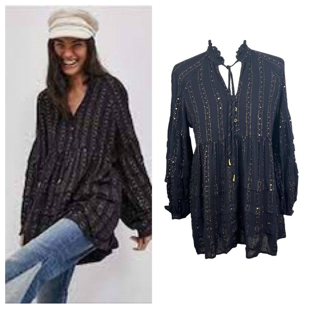 Anthropologie Quinn Black Sequin Tunic Blouse.